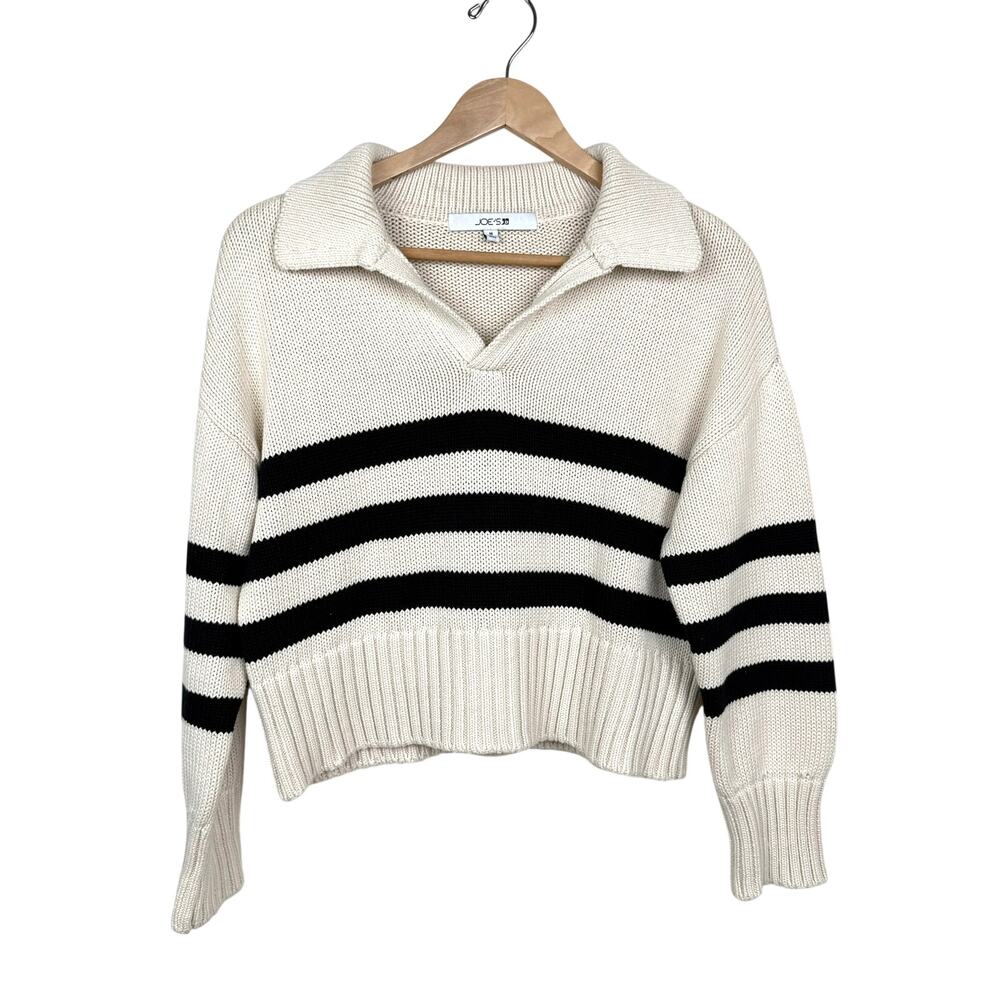 Joe's Jeans Cotton Polo Sweater Cream Black Stripe Cropped Boxy M Preppy Coastal
